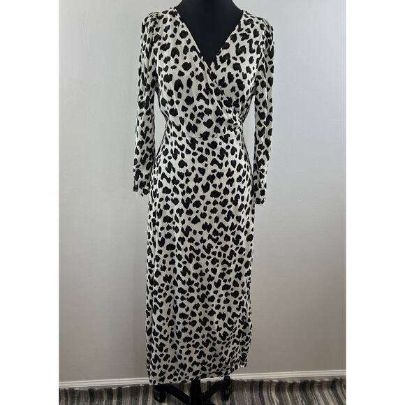 CLEOBELLA Anthropologie Black White Animal Printed Long Sleeve Wrap Midi Dress S - Picture 1 of 8